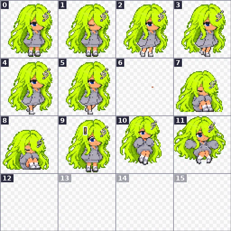 ゆれ子のシートを 3 倍に拡大し、64×64 のコマごとに格子線と 0〜15 の番号を入れた図